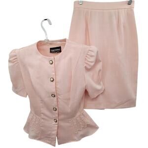 S.L. Fashion Vintage‎ 80s Pink Lace Peplum Short Sleeve 2 Piece Set Set Suit